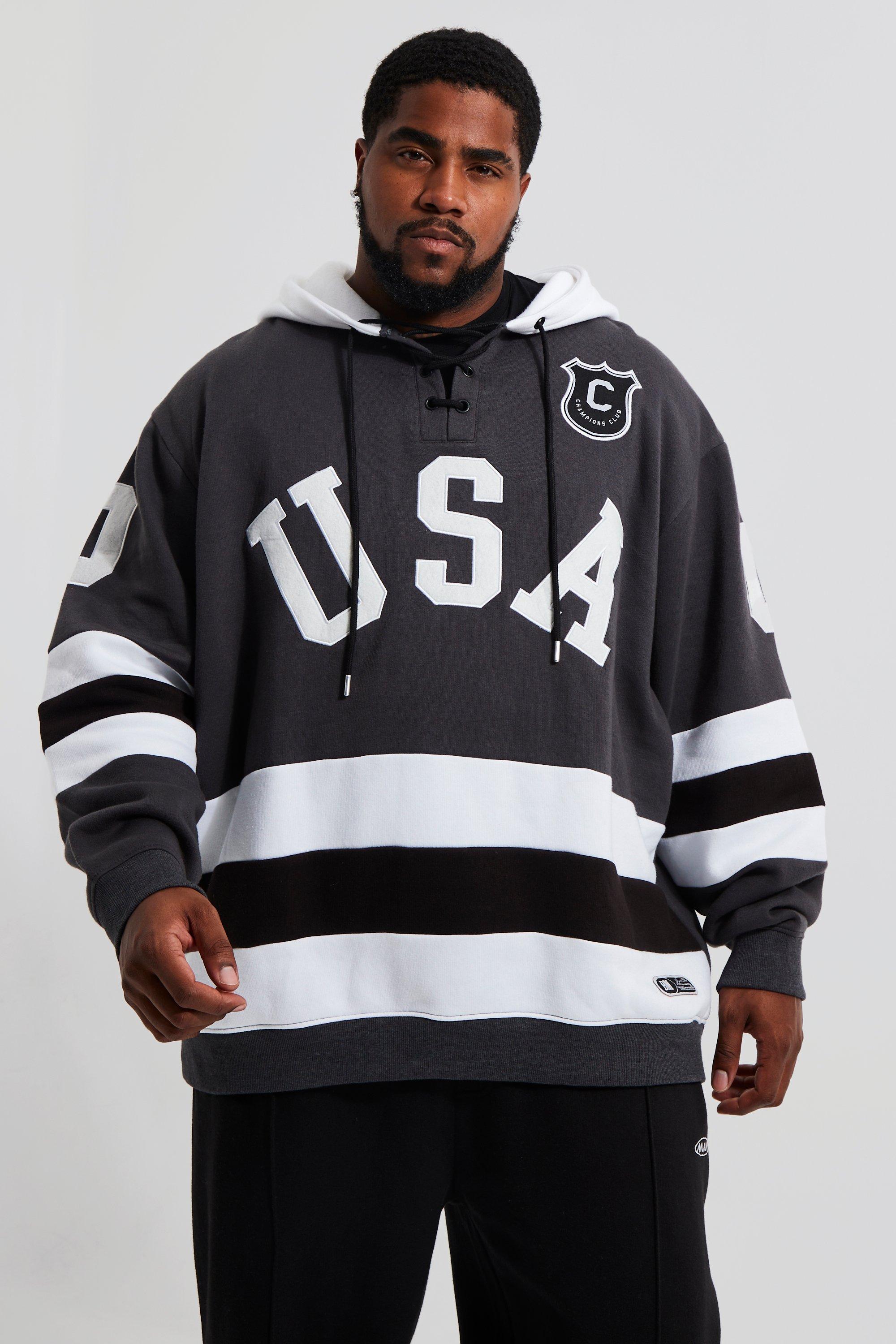 Plus Loose Fit Varsity Hockey Hoodie | boohooMAN